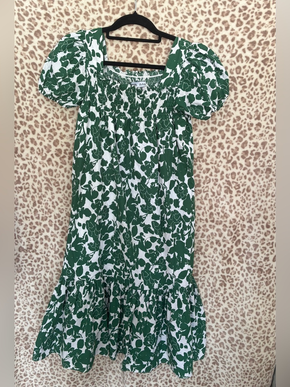 Zara Green White Floral Smocked Midi Dress Puff Sleeve Large